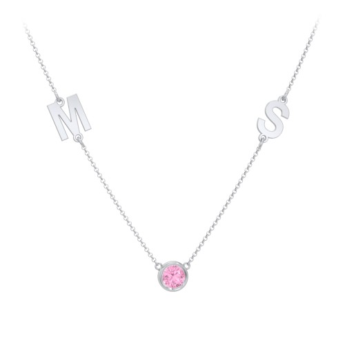 Personalized Initials Necklace with Bezel Set Birthstone – Sterling Silver with Pink Tourmaline