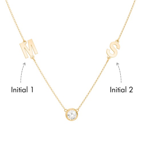 Personalized Initials Necklace with Bezel Set Birthstone – 10K Yellow Gold with Cubic Zirconia