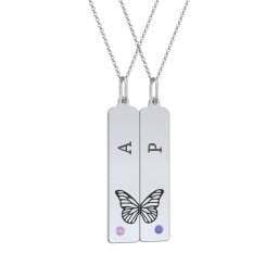 Engravable Butterfly Bar Necklace Set with Birthstones
