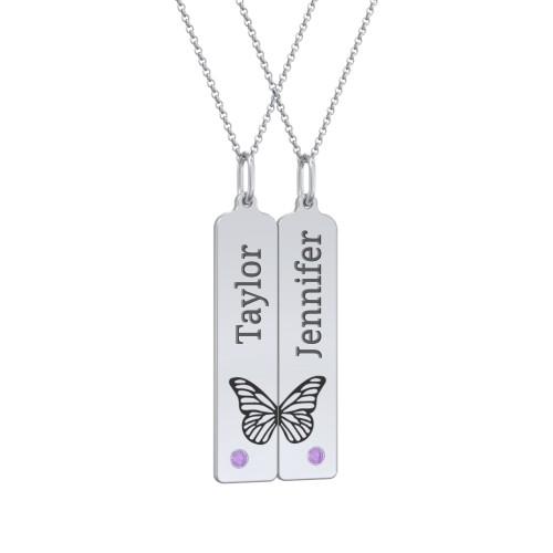 Engravable Butterfly Bar Necklace Set with Birthstones – Sterling Silver with Amethyst