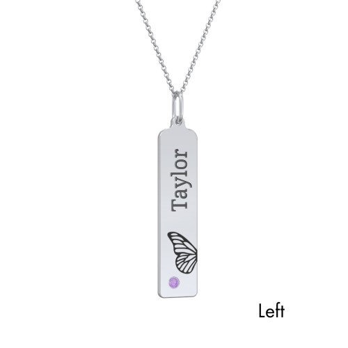 Engravable Butterfly Bar Necklace Set with Birthstones – Sterling Silver with Amethyst