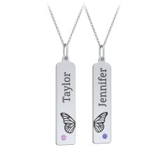 Engravable Butterfly Bar Necklace Set with Birthstones – Sterling Silver with Blue Sapphire and Garnet