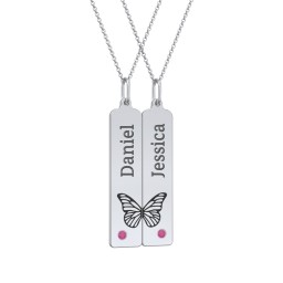 Engravable Butterfly Bar Necklace Set with Birthstones in 925 Sterling Silver with Ruby