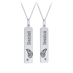 Engravable Butterfly Bar Necklace Set with Birthstones in 925 Sterling Silver with Smokey Quartz