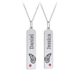 Engravable Butterfly Bar Necklace Set with Birthstones in 925 Sterling Silver with Garnet