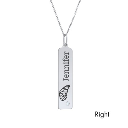 Engravable Butterfly Bar Necklace Set with Birthstones – Sterling Silver with Aquamarine