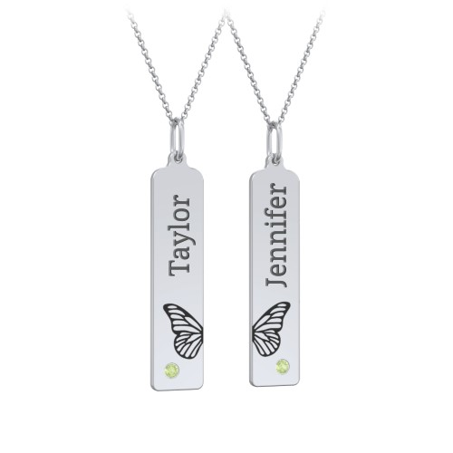 Engravable Butterfly Bar Necklace Set with Birthstones – Sterling Silver with Peridot