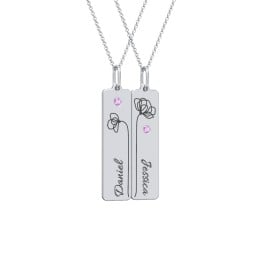 Engravable Floral Bar Necklace Set with Birthstones