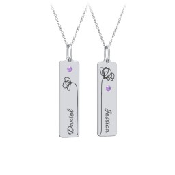 Engravable Floral Bar Necklace Set with Birthstones