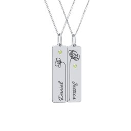 Engravable Floral Bar Necklace Set with Birthstones in 925 Sterling Silver with Peridot