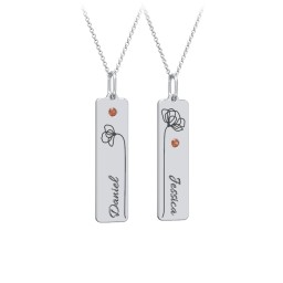 Engravable Floral Bar Necklace Set with Birthstones in 925 Sterling Silver with Garnet