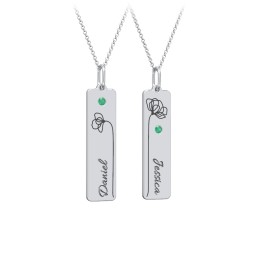 Engravable Floral Bar Necklace Set with Birthstones in 925 Sterling Silver with Emerald