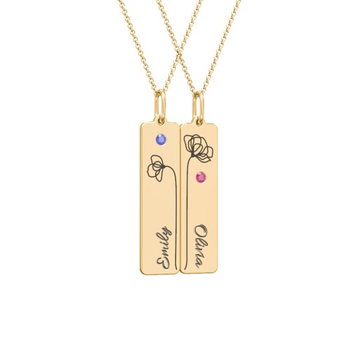 Engravable Floral Bar Necklace Set with Birthstones – 10K Yellow Gold with Blue Sapphire and Ruby