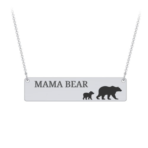 Engravable Mama Bear Bar Necklace with 1 Cub – Sterling Silver