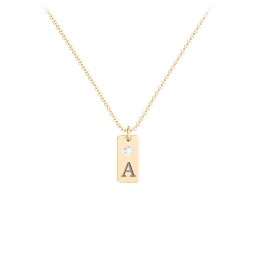 Small Initial Tag Necklace with Birthstone in 18K Gold Plated Silver with Diamond, Aquamarine, Cubic Zirconia, Amethyst Premium Zirconia, and Fancy Pink Premium Zirconia