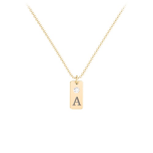 Small Initial Tag Necklace with Birthstone – 10K Yellow Gold with Diamond