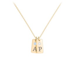 Small Initial 2 Tag Necklace with Birthstone in 18K Gold Plated Silver with Blue Topaz and Cubic Zirconia