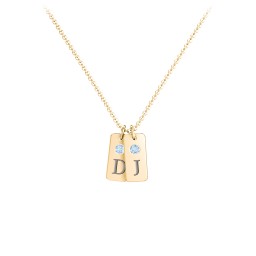 Small Initial 2 Tag Necklace with Birthstone in 18K Gold Plated Silver with Blue Topaz, Cubic Zirconia, Amethyst Premium Zirconia, and Fancy Pink Premium Zirconia