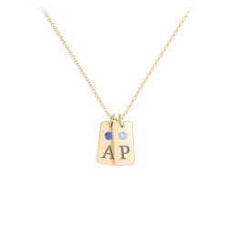 Small Initial 2 Tag Necklace with Birthstone in 18K Gold Plated Silver with Blue Sapphire, Blue Topaz, Cubic Zirconia, Amethyst Premium Zirconia, and Fancy Pink Premium Zirconia