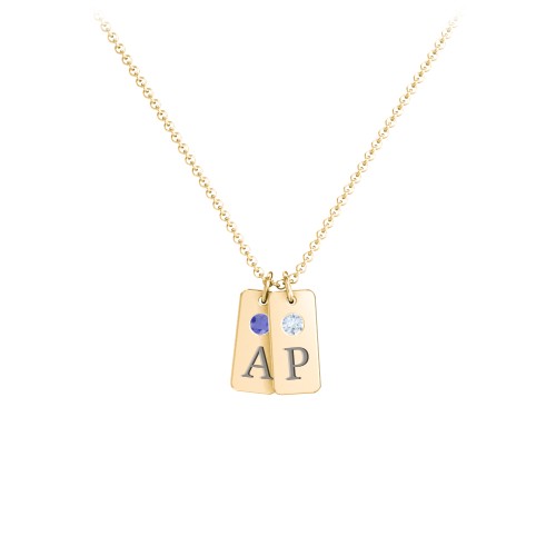 Small Initial 2 Tag Necklace with Birthstone – 18K Gold Plated Silver with Blue Sapphire and Aquamarine
