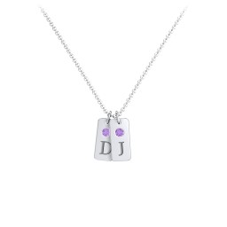 Small Initial 2 Tag Necklace with Birthstone in 925 Sterling Silver with Amethyst
