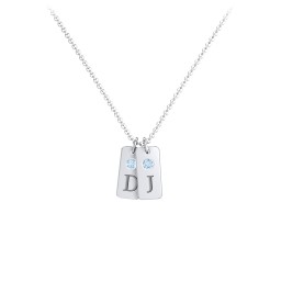 Small Initial 2 Tag Necklace with Birthstone in 925 Sterling Silver with Blue Topaz