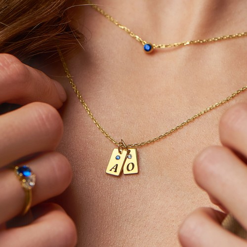 Small Initial 2 Tag Necklace with Birthstone – Sterling Silver with Blue Sapphire and Aquamarine