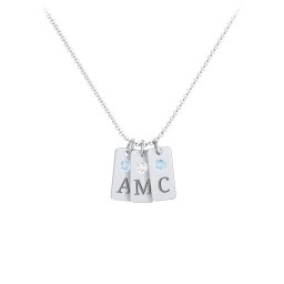 Small Initial 3 Tag Necklace with Birthstone in 925 Sterling Silver with Blue Topaz and Cubic Zirconia