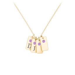 Small Initial 4 Tag Necklace with Birthstone in 18K Gold Plated Silver with Amethyst and Fancy Pink Premium Zirconia