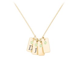 Small Initial 4 Tag Necklace with Birthstone in 18K Gold Plated Silver with Peridot and Fancy Pink Premium Zirconia