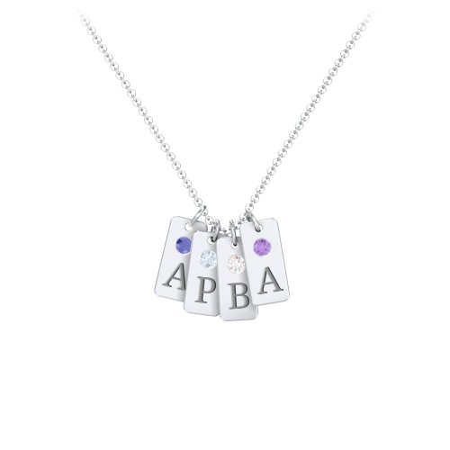Small Initial 4 Tag Necklace with Birthstone – Sterling Silver with Blue Sapphire, Aquamarine, Cubic Zirconia, and Amethyst