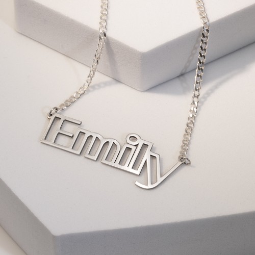 Outline Name Necklace with Open Curb Chain – 18K Gold Plated Silver