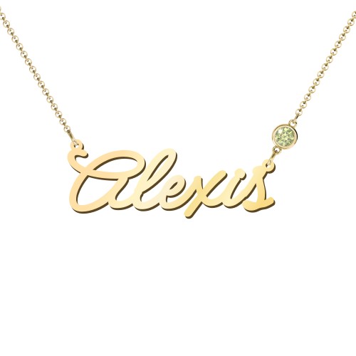 Script Name Necklace with Birthstone – 18K Gold Plated Silver with Peridot