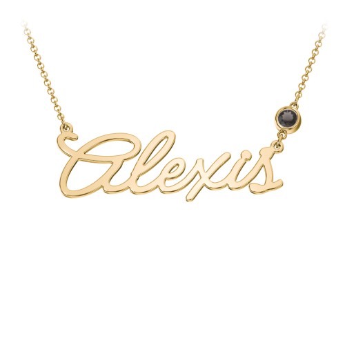 Script Name Necklace with Birthstone – 18K Gold Plated Silver with Smokey Quartz