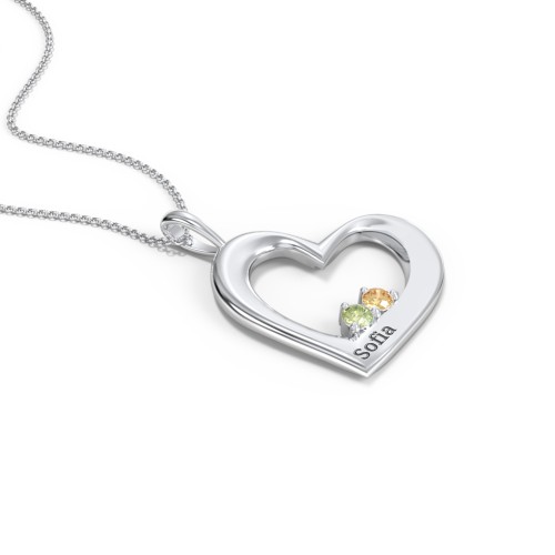 Engravable Tilted Heart 2 Stone Pendant – Sterling Silver with Peridot and Citrine