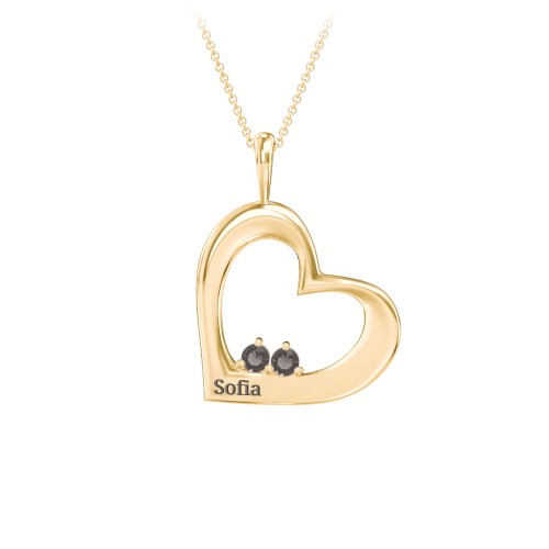Engravable Tilted Heart 2 Stone Pendant – 18K Gold Plated Silver with Smokey Quartz