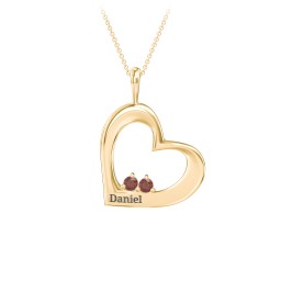 Engravable Tilted Heart 2 Stone Pendant in 10K Solid Yellow Gold with Garnet