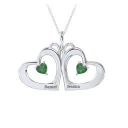 Gemini Touching Hearts Engraved 2 Stone Necklace in 925 Sterling Silver with Emerald