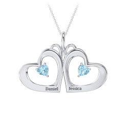 Gemini Touching Hearts Engraved 2 Stone Necklace in 925 Sterling Silver with Blue Topaz