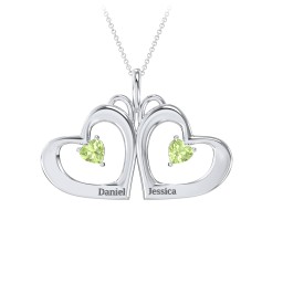 Gemini Touching Hearts Engraved 2 Stone Necklace in 925 Sterling Silver with Peridot