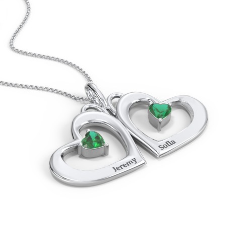 Gemini Touching Hearts Engraved 2 Stone Necklace – Sterling Silver with Emerald
