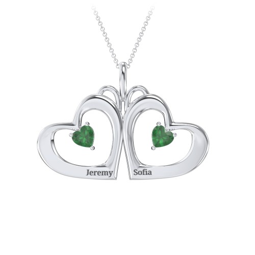 Gemini Touching Hearts Engraved 2 Stone Necklace – Sterling Silver with Emerald