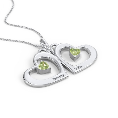 Gemini Touching Hearts Engraved 2 Stone Necklace – Sterling Silver with Peridot