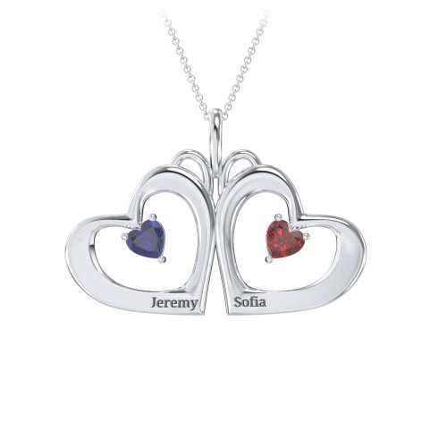 Gemini Touching Hearts Engraved 2 Stone Necklace – Sterling Silver with Blue Sapphire and Garnet