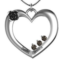 Corsage Rose Heart Pendant with Birthstones in 925 Sterling Silver with Smokey Quartz, Amethyst, Blue Sapphire, Emerald, Ruby, and Cubic Zirconia