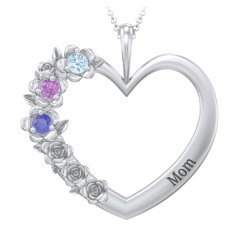 Clustered Rose and Gemstone Heart Pendant – Sterling Silver with Blue Topaz, Amethyst, and Blue Sapphire