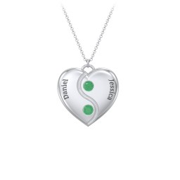 Engraved Yin Yang Heart Pendant with Birthstones in 925 Sterling Silver with Emerald