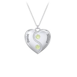 Engraved Yin Yang Heart Pendant with Birthstones in 925 Sterling Silver with Peridot