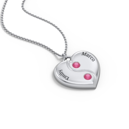 Engraved Yin Yang Heart Pendant with Birthstones – Sterling Silver with Ruby