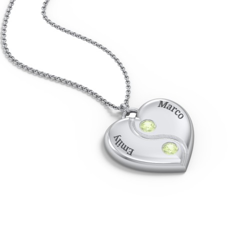 Engraved Yin Yang Heart Pendant with Birthstones – Sterling Silver with Peridot